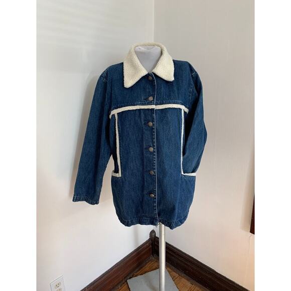 VTG Blue Denim Chore Jacket Coat Sherpa Shearling Womens XL Button Western Jean - Picture 3 of 8